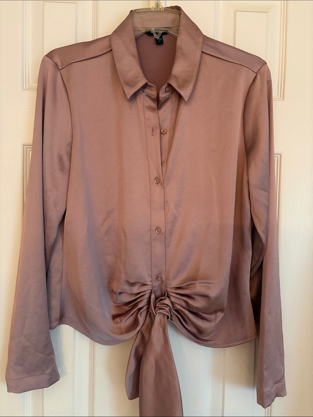 Express Satin Tie-Front Button-Down Blouse — Mauve